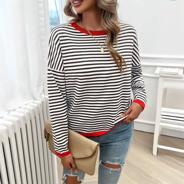 Fashion Women's Wear Round Neck Striped Sweater Red - Shop at LoveMi