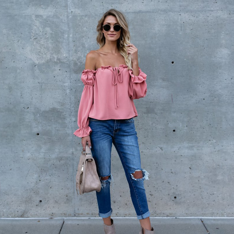 Casual Off-Shoulder Chiffon Solid Color Womens Top