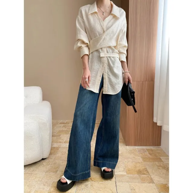 Soft Elastic Washed High Waist Skinny Loose Wide Leg Jeans Dark Blue - Shop at LoveMi