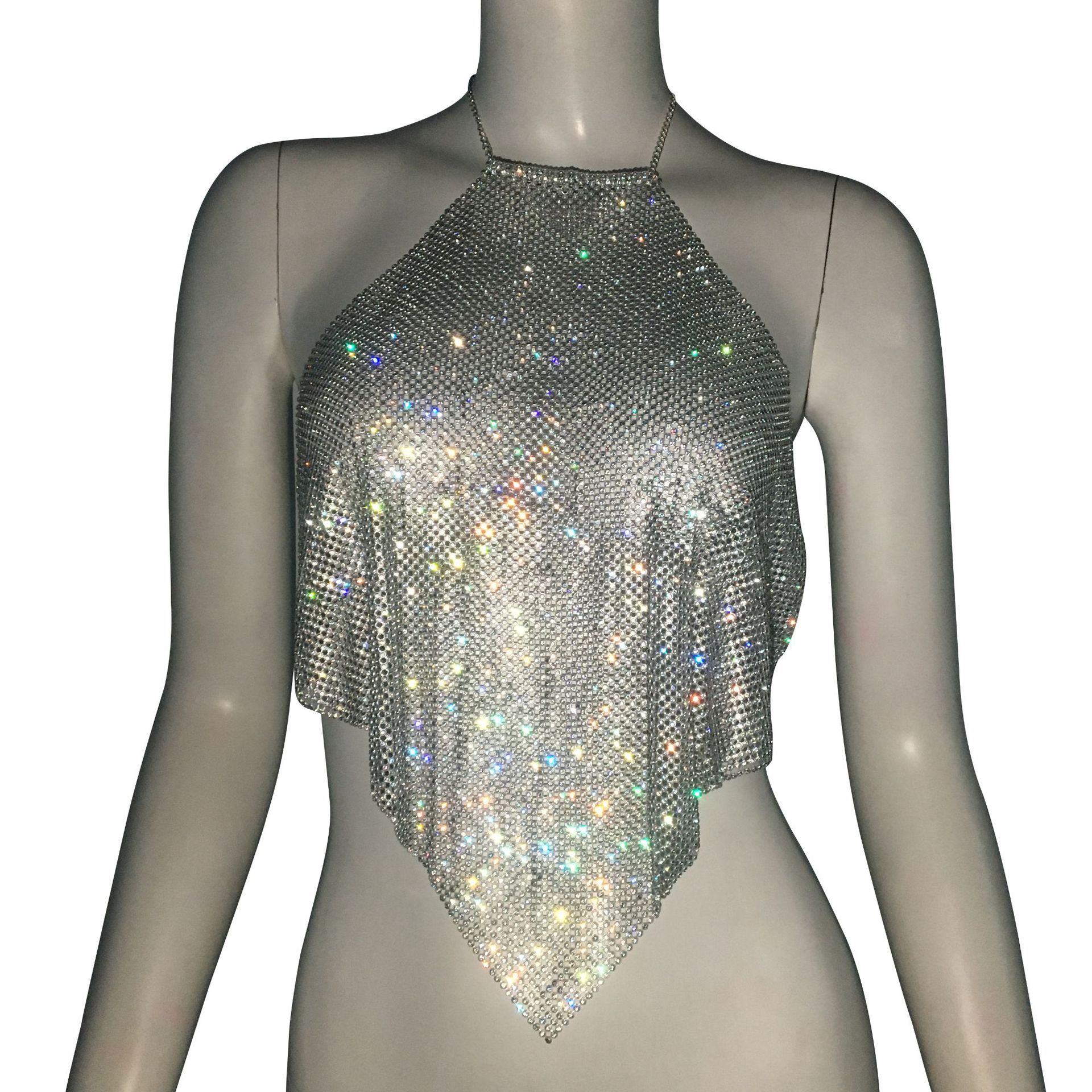 European And American Metal Sequins Sexy Suspenders Hot Girls Rhinestone Halter Spaghetti Straps Tops Silver - Shop at LoveMi
