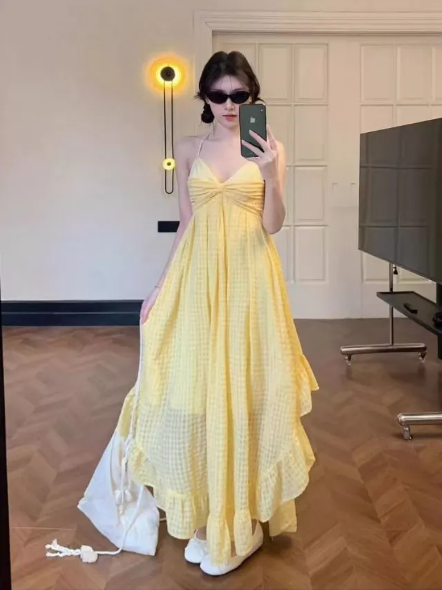 Retro style Asymmetric Strapless Yellow Slip Dress Yellow - Shop at LoveMi