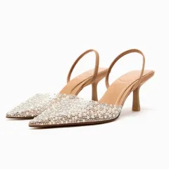 Women's Pointed Toe Rhinestone Pearl Shallow Gas High Heels - Apricot - View 1