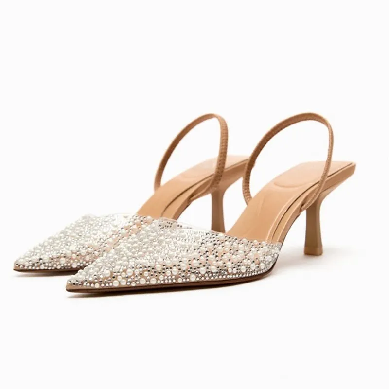 Women's Pointed Toe Rhinestone Pearl Shallow Gas High Heels - Apricot