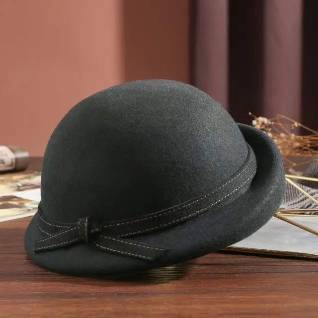 Pure Wool Felt Hat Elegant Shaped Bow British Felt Cap Black - Shop at LoveMi
