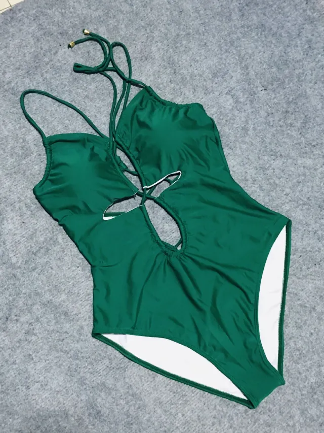 Women's One piece Lace up Covered Belly Swimsuit Green - Shop at LoveMi