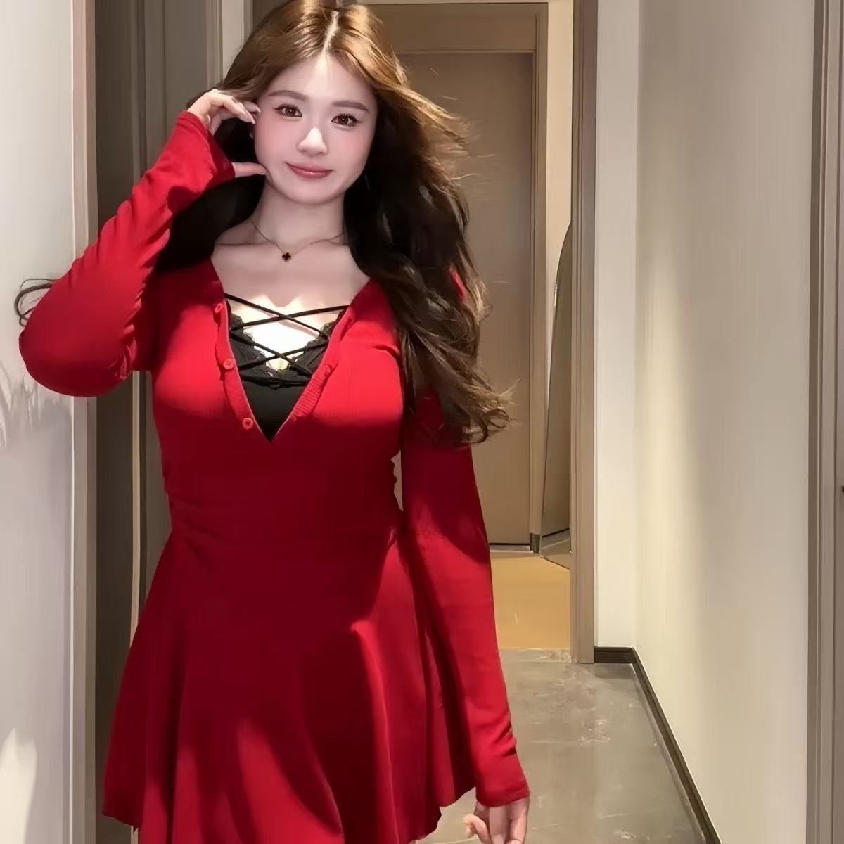 V-neck Lace-panel Faux Two-piece Sexy Dress