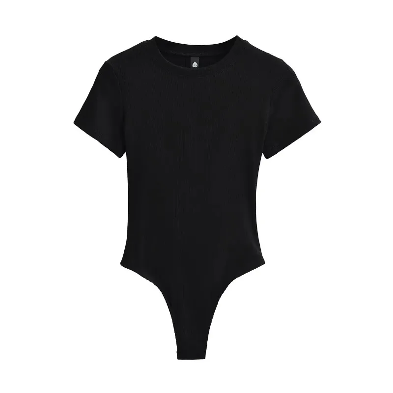 Neck Short Sleeve Rompers Slim Fit Slimming T-shirt Top - Black