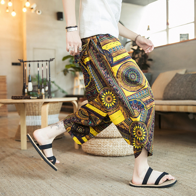 Cropped Pants Men's Chinese Style Retro Printed Beach