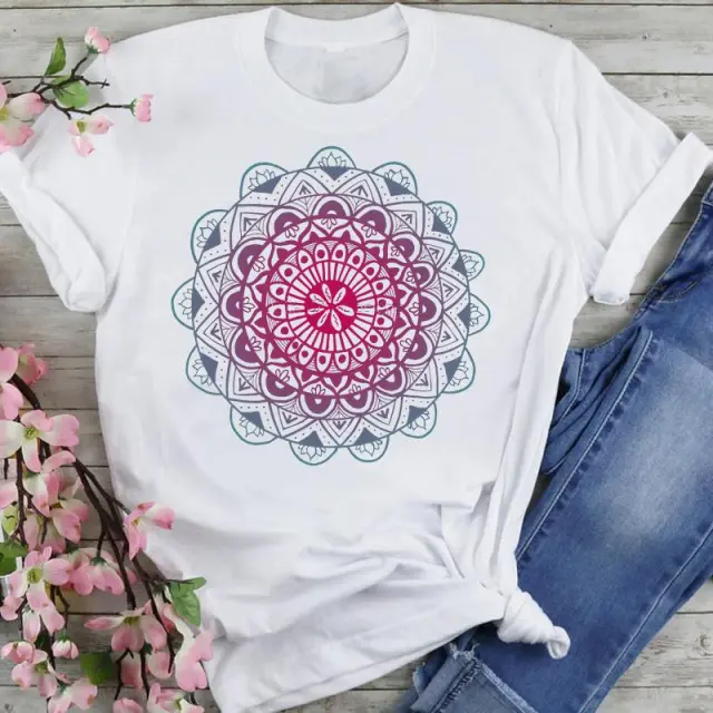T shirt Women's Printed Short Sleeve Datura Flower Floral Print White Round Neck J0071 - Shop at LoveMi
