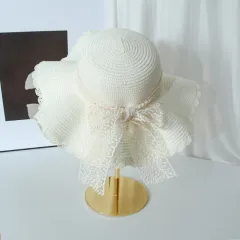 Lace String Colour Woven Straw Hat Summer Versatile Outdoor Travel Beach Hat Cute Girl Ins Bucket Hat - White - View 1