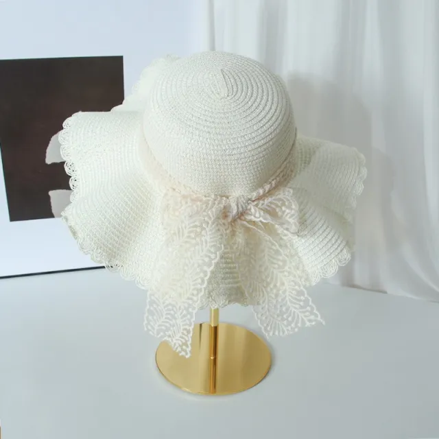 Lace String Color Woven Straw Hat Summer Versatile Outdoor Travel Beach Hat Cute Girl Ins Bucket Hat White - Shop at LoveMi