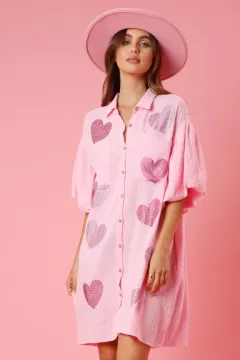 Women's Love Print Shirt Dress - Pink - View 1