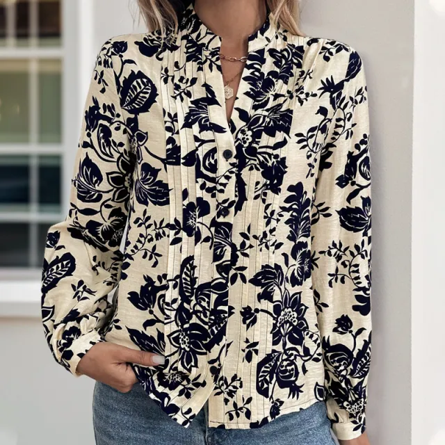 Retro Printed Elegant Shirt Top For Women Dark Blue - Shop at LoveMi