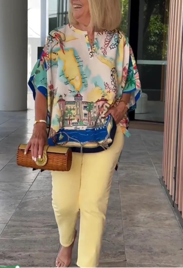 Printed Short sleeved Mid length Casual Top Yellow Coat B - Shop at LoveMi