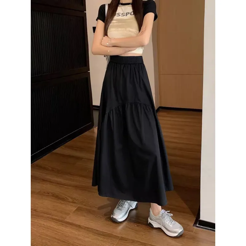 Womens Versatile Stylish Pleated Patchwork Skirt - Black