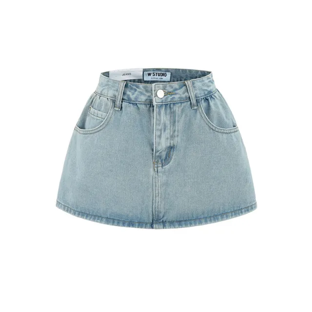 Retro Mid low Waist Anti exposure Denim A Line Bubble Short Skirt Blue - Shop at LoveMi
