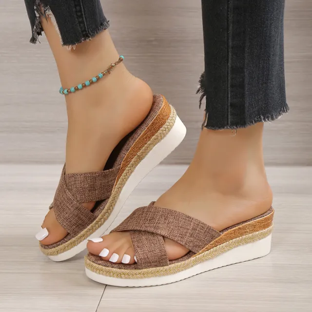 Plus Size Women's Platform Wedge Cross Belt Peep toe Slippers Camel - Shop at LoveMi
