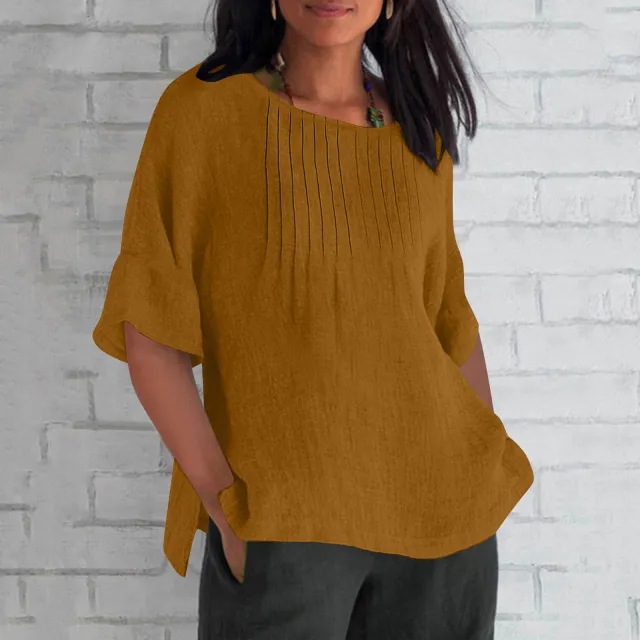 Three quarter Sleeve Pleated Round Neck Cotton And Linen Shirt Top Brown - Shop at LoveMi