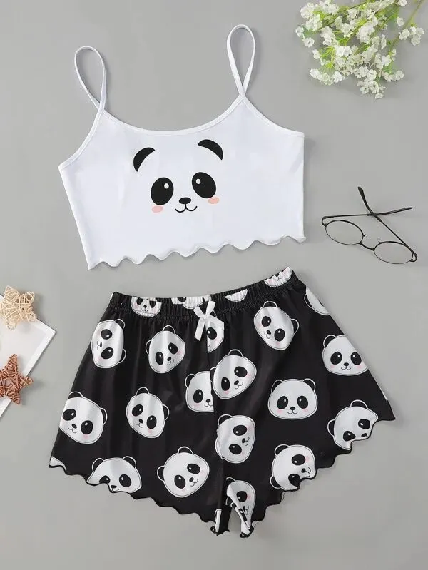 Knitted Vest Camisole Pattern Printing Comfortable Thin Women's Pajamas Suit Panda - Shop at LoveMi