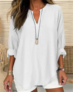Cotton And Linen Loose Casual Stand Collar Shirt - Tan - View 1