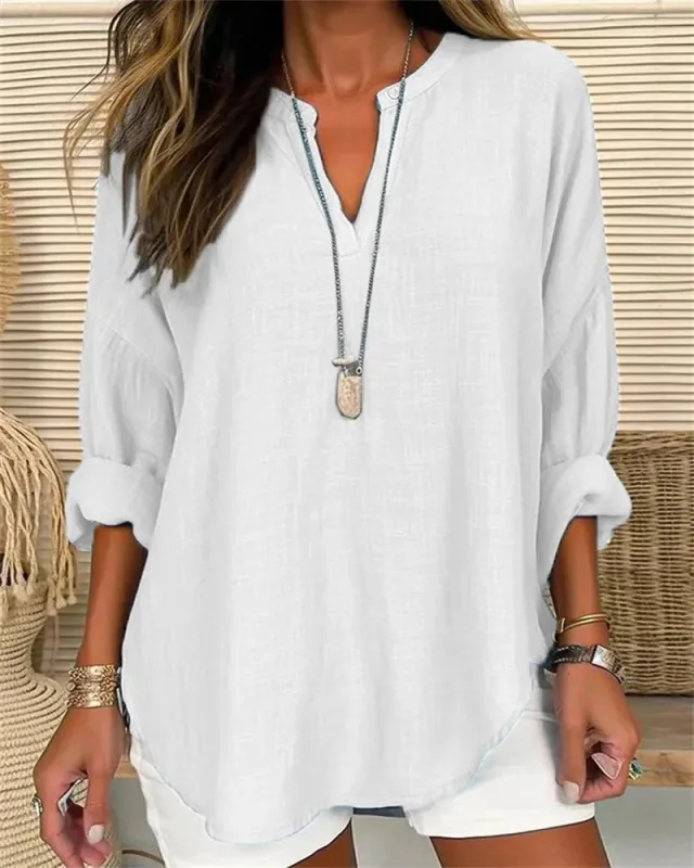 Cotton And Linen Loose Casual Stand Collar Shirt Tan - Shop at LoveMi