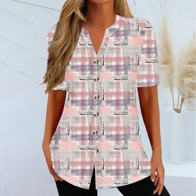 European And American Spring And Summer New Cardigan Casual Printed Short Sleeves T shirt For Women Pink - Shop at LoveMi