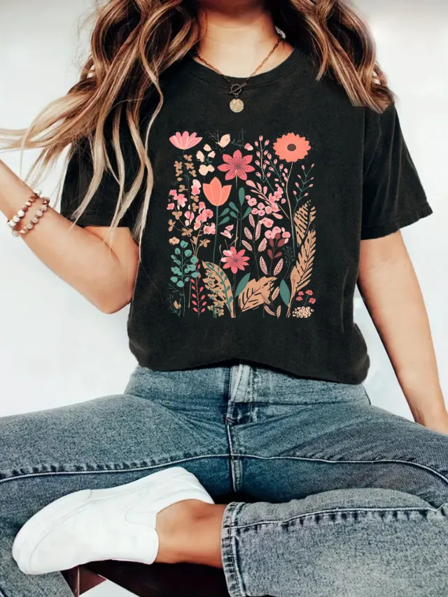 European And American Summer Women's Plant Flower Graphic Print Crew Neck Short Sleeve Black - Shop at LoveMi