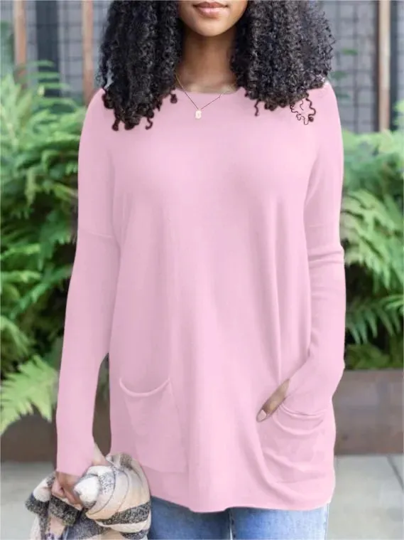 Fashion Pocket Long Sleeve Top For Women Pink - Shop at LoveMi