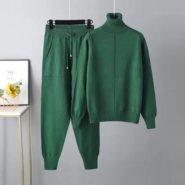 Casual Fashion Set autumn And Winter Cross border European And American Turtleneck Solid Color Sweaters Two piece Set Green - Shop at LoveMi