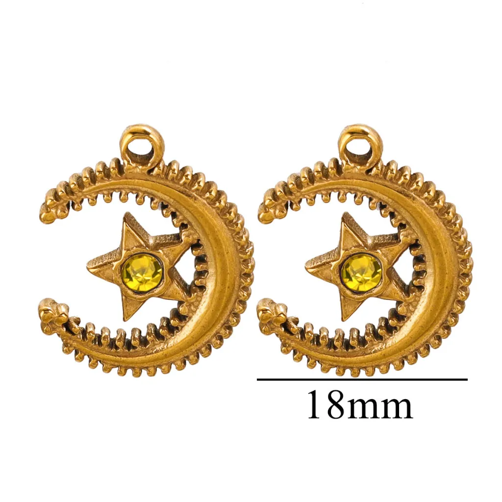 Fashion Jewelry Stainless Steel Moon Pentagram Glittering Crystal Pendant - Yellow