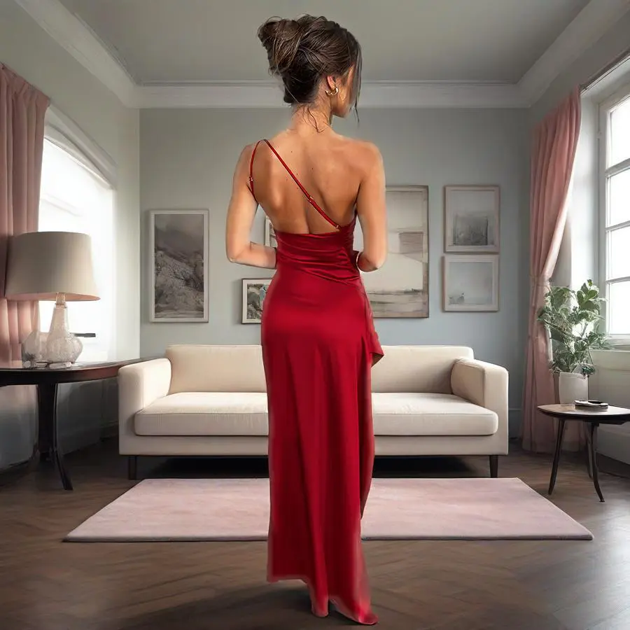 Summer New European And American Satin Slant Shoulder Will Not Be Like Slit Design Sexy Dress - Wine