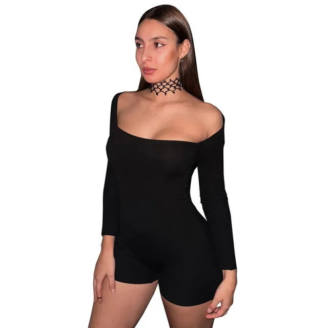 Womens Sexy Solid Color U Neck Backless Long Sleeve Bodycon Jumpsuit With Shorts Black - Shop at LoveMi