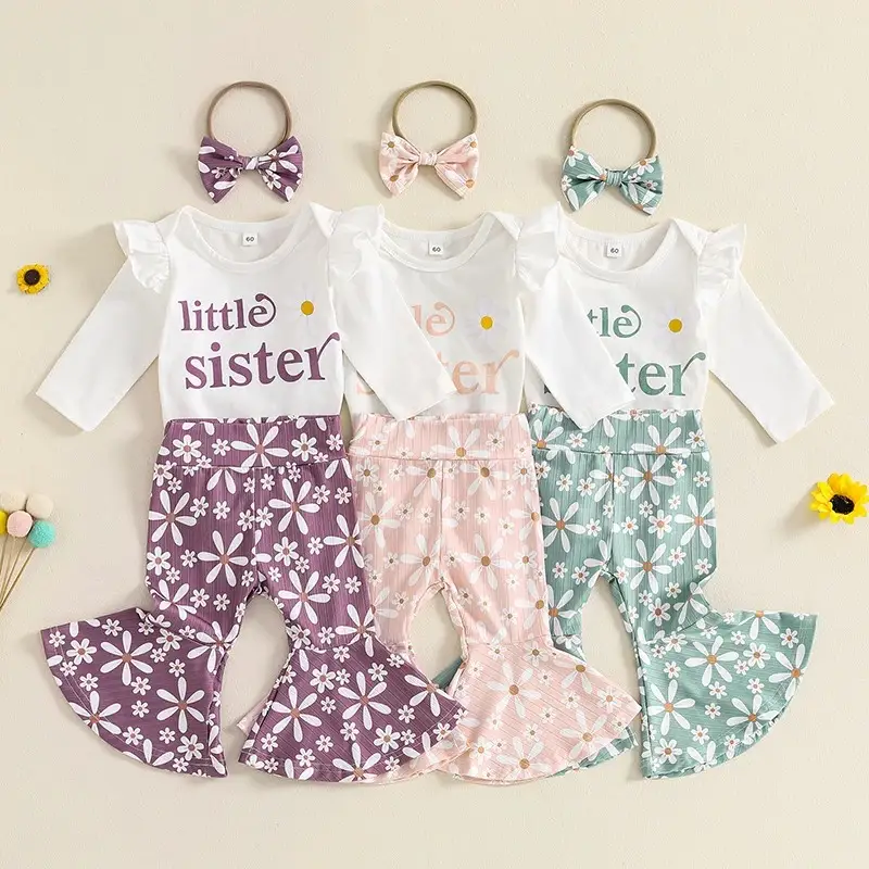 Girls' Romper Flower Bell-bottom Pants Three-piece Set