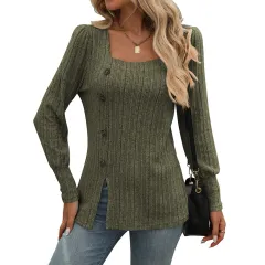 New Square Collar Sunken Stripe Brushed Solid Colour Top Long Sleeve - Army Green - View 1