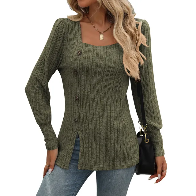 New Square Collar Sunken Stripe Brushed Solid Color Top Long Sleeve Army Green - Shop at LoveMi