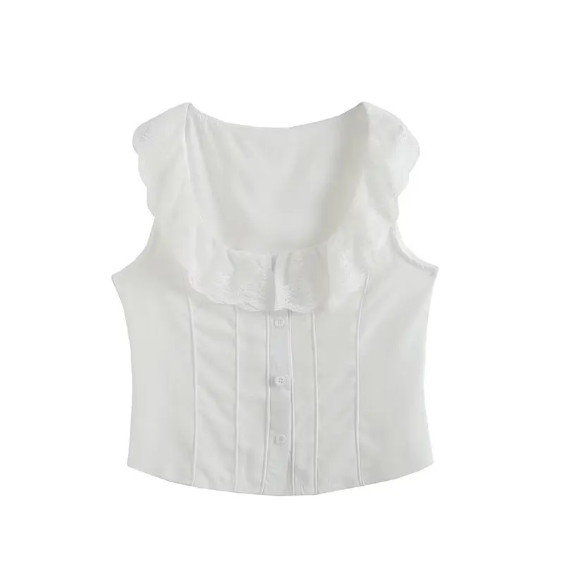 Summer Pure Lace Lace Vest Top And Mid-length High Waist Fishtail Skirt - White