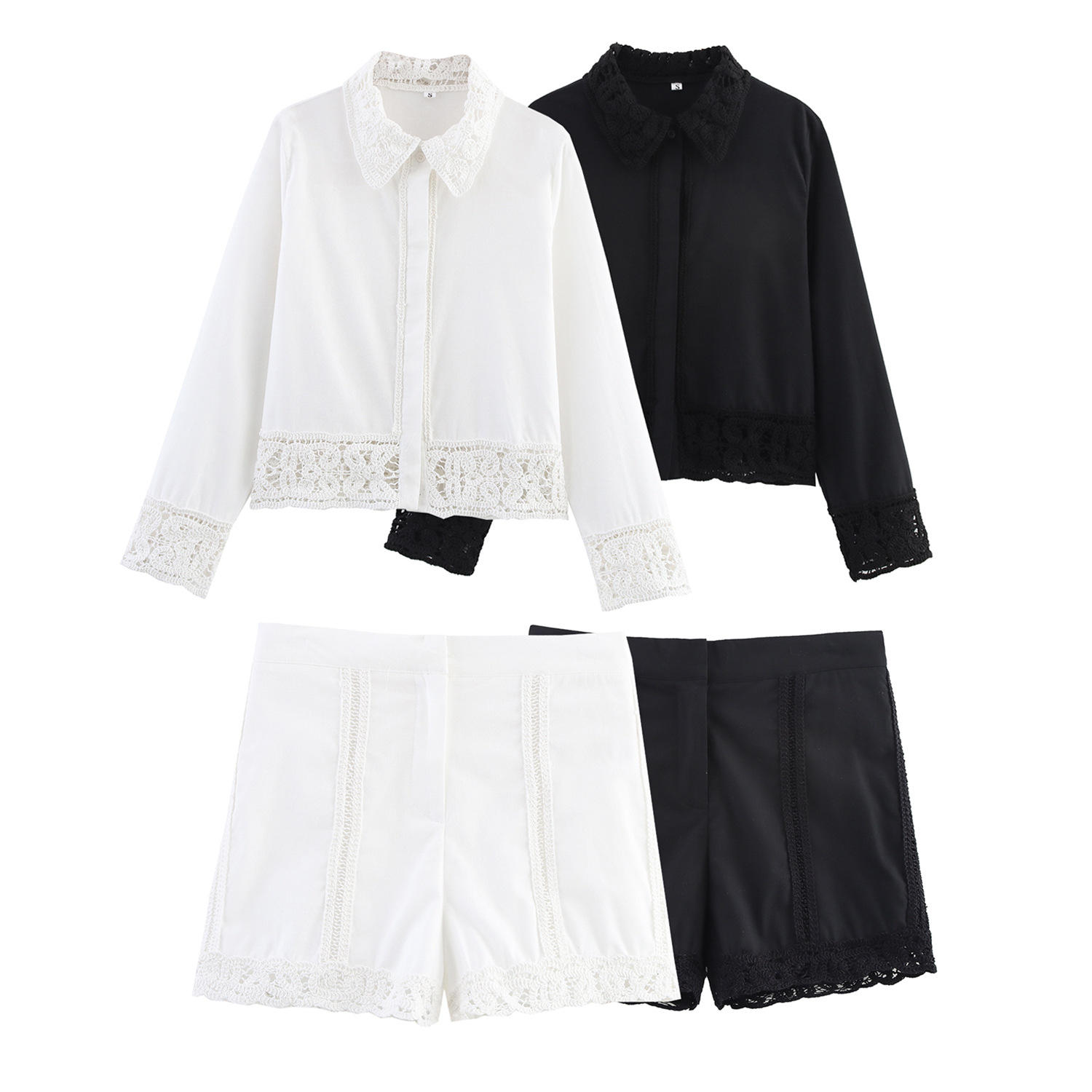 New Detail Shirt Crocheted Detail Casual Shorts Suit Women's