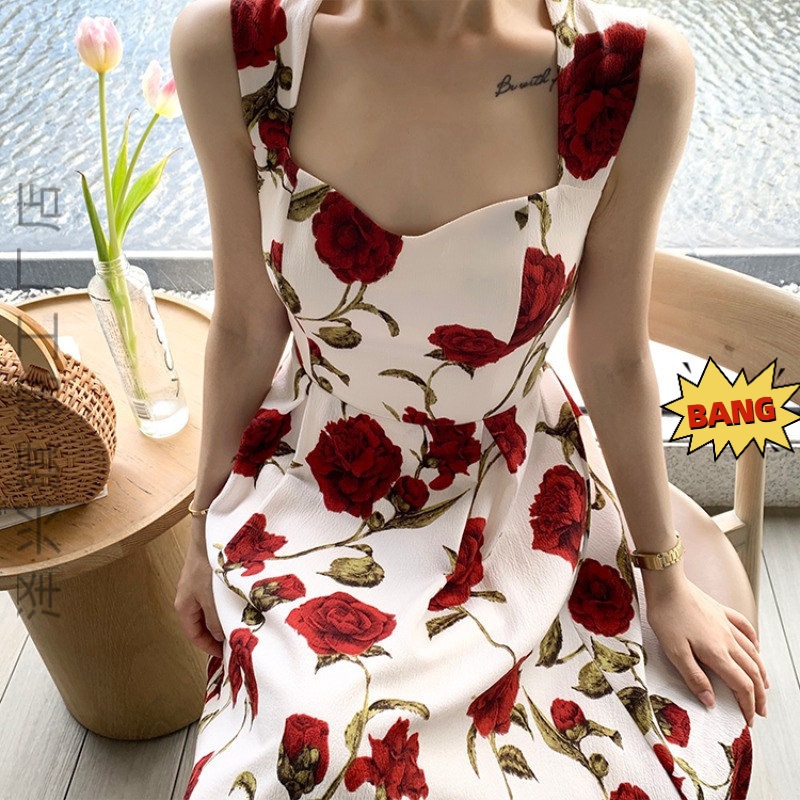 Summer Thin French Seaside Holiday Romantic Rose Long Skirt