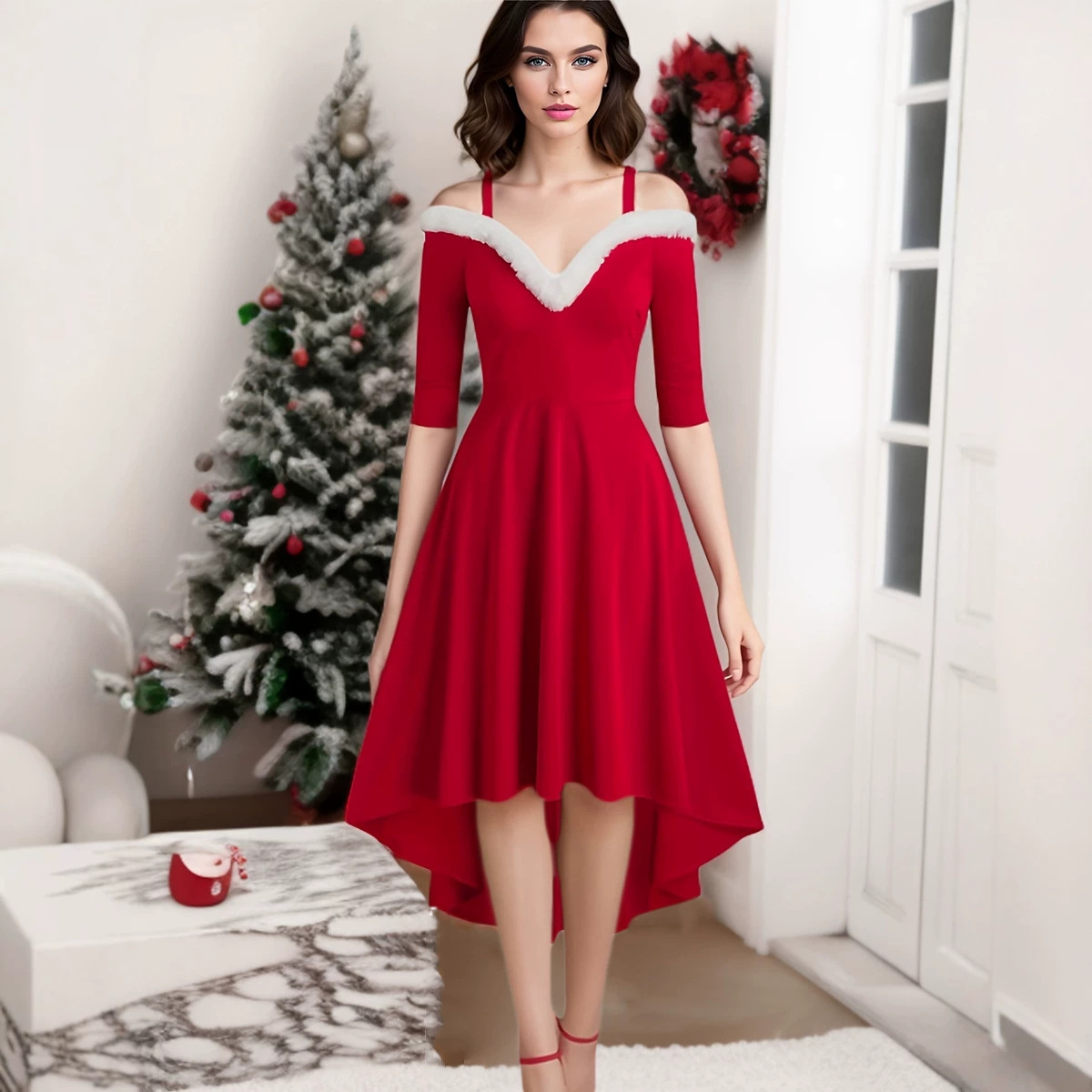 Long-sleeve Fluffy High-low Deep-V Off-shoulder Maxi Dress