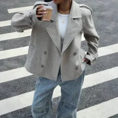 Women's Casual Loose Double Button Lapel Elegant Woolen Coat - View 1