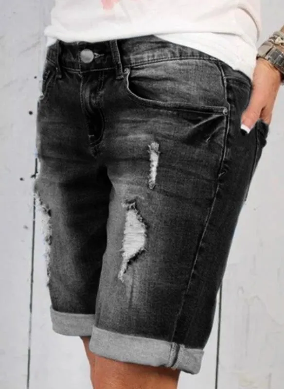 Ripped Cropped Pants Stretch Denim Middle Pants For Women Black - Shop at LoveMi
