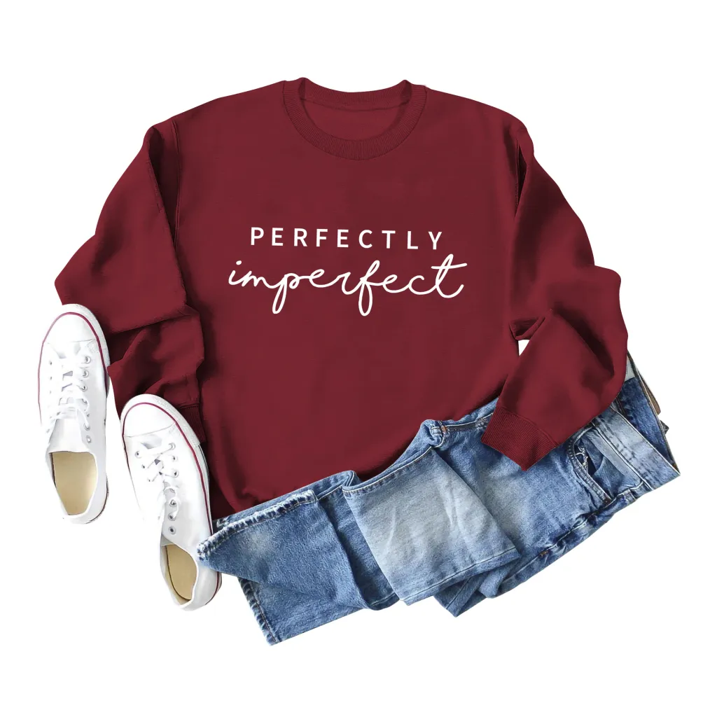 PERFECTLY Imperfect Simple Round Neck Women's Long Sleeve Sweater - Wine Red White Sweatshirt Font