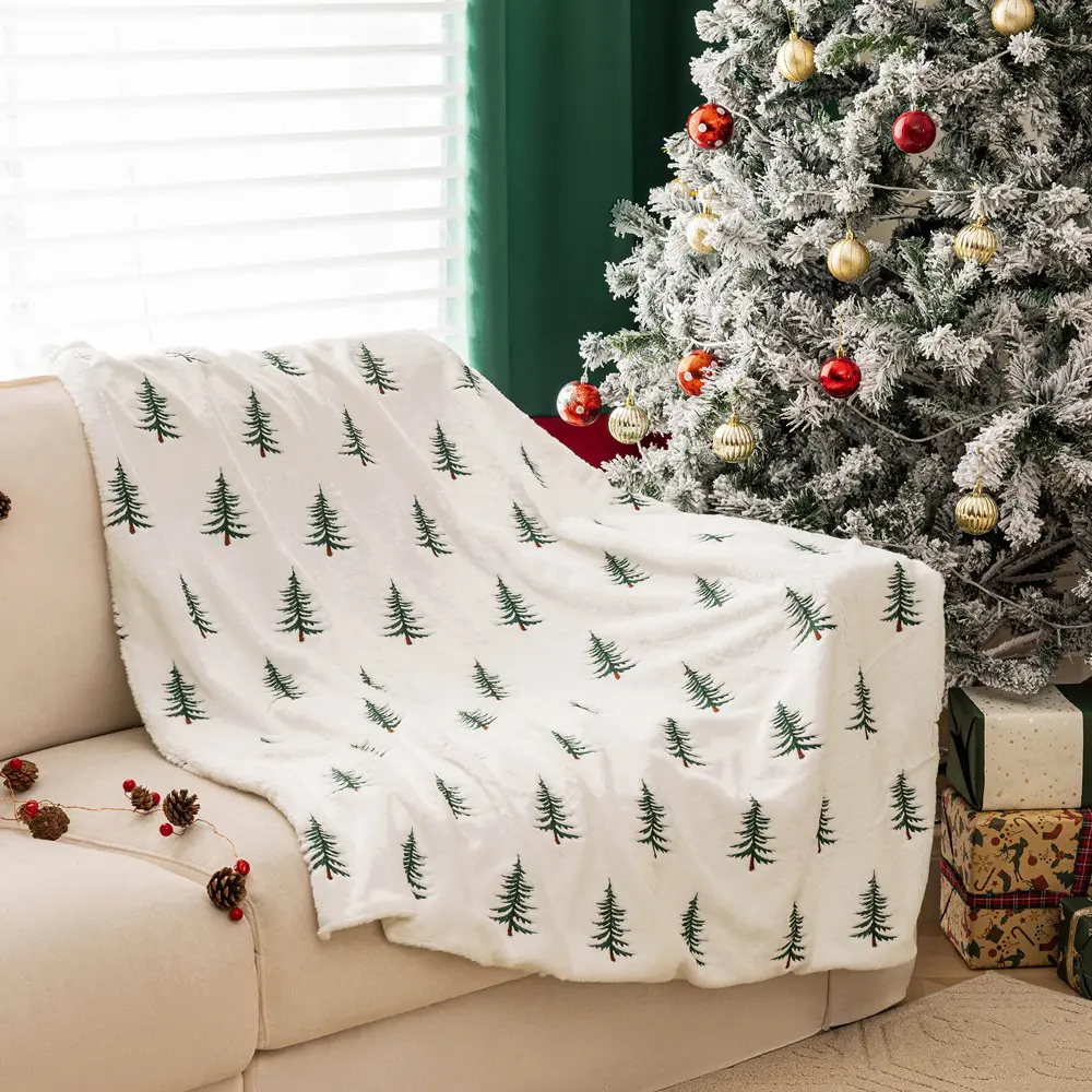 Christmas Plush Sofa Blanket Tree Embroidery Throw