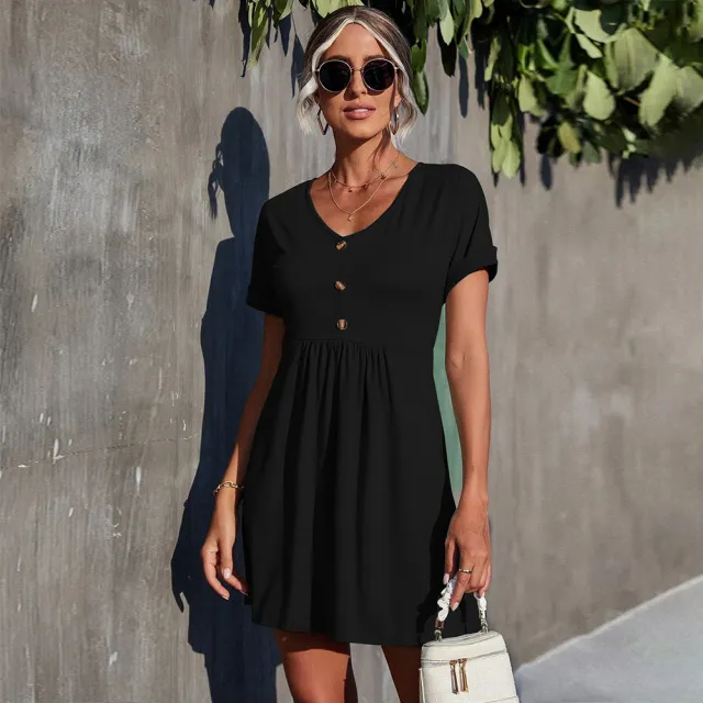 Women's Minimalist V neck Flared Style Elegant Inner Wear Commuter Dress Black - Shop at LoveMi