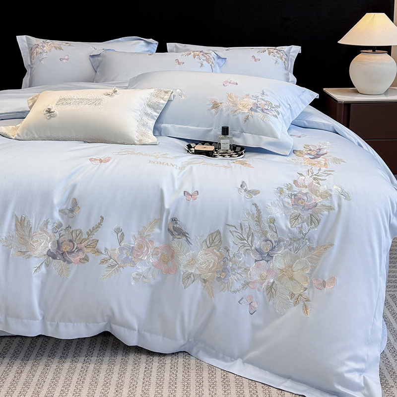 Color: Blue, Specifications: Bed Sheet 200x230 - Long-staple Cotton Embroidered Floral Four-piece Bed Sheet And Fitted Sheet Set