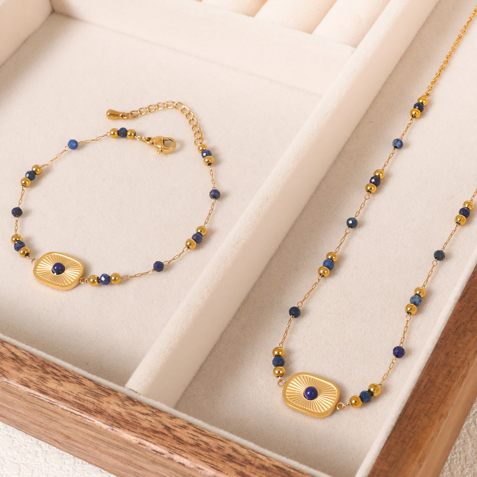 Lapis Lazuli Beaded Long Necklace Bracelet And Tassel Earrings