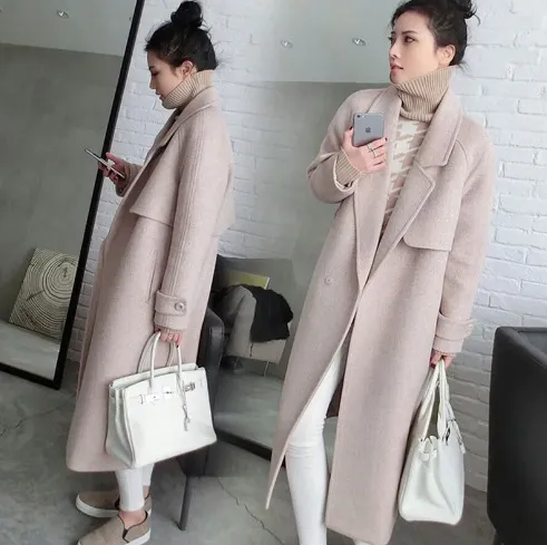 Women's Black Overcoat Mid length Thick Loose Slim fit Woolen Coat Apricot - Shop at LoveMi