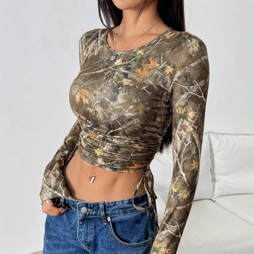 Mesh Branch Printing Side Drawstring Fitted Short T-shirt
