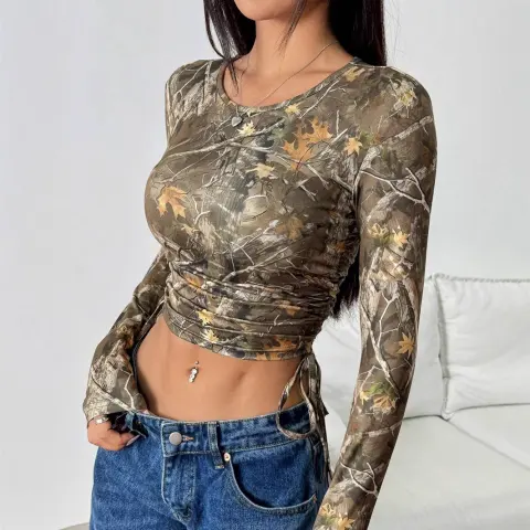 Mesh Branch Printing Side Drawstring Fitted Short T-shirt