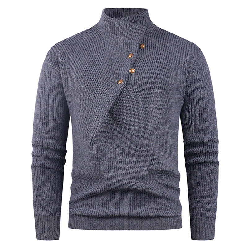 Mens Fashion Stand Collar Sweater With Slanted Buttons Mens Casual Pullover - Image 6